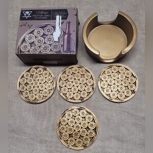 12 Gauge Shotgun Shell Coaster Set - Gold Tone (4 Coasters + Holder) Coogeo
